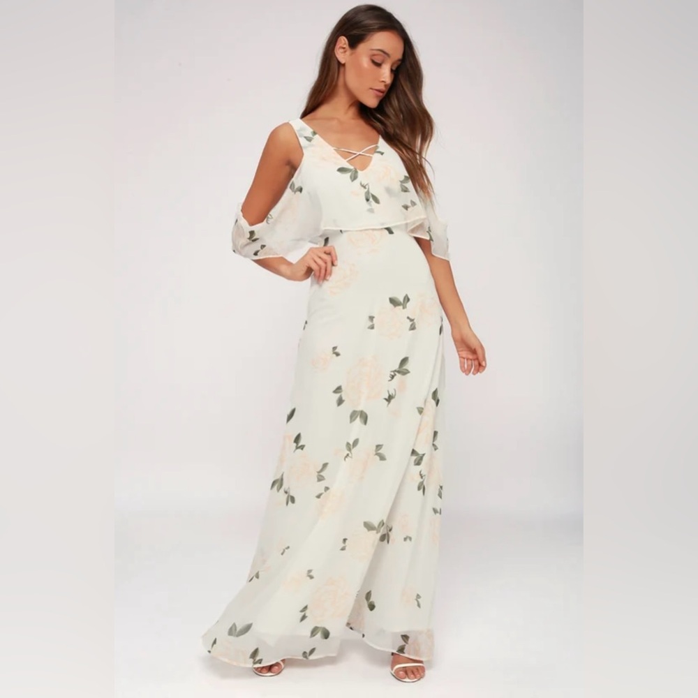 💐Lulu’s The Very Thought of You White Floral Print Maxi Dress, size M, EUC